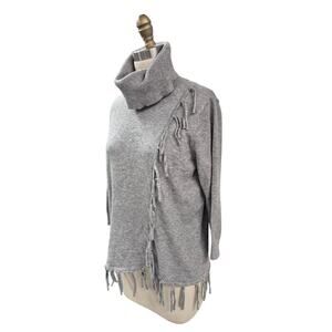 NWT Adrienne Vittadini Heathered Gray Turtleneck Sweater Fringe Design Sz M